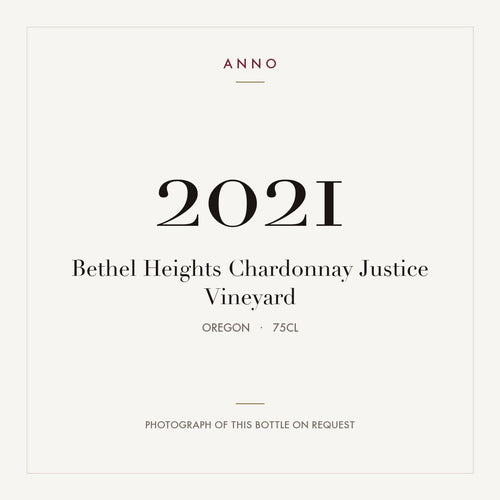 Bethel Heights Chardonnay Justice Vineyard 2021 0,75l from Oregon — ANNO vintage card; photograph of the actual bottle available on request