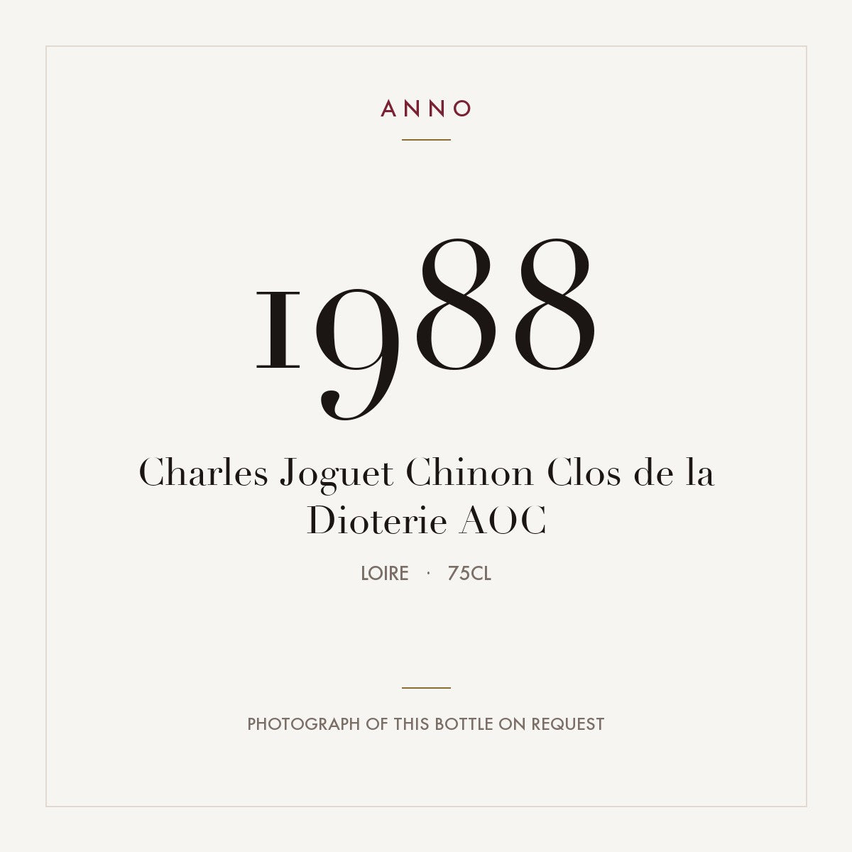 Charles Joguet Chinon Clos de la Dioterie 1988 AOC 0,75l, Loire — cartão de colheita ANNO; fotografia da garrafa real disponível a pedido