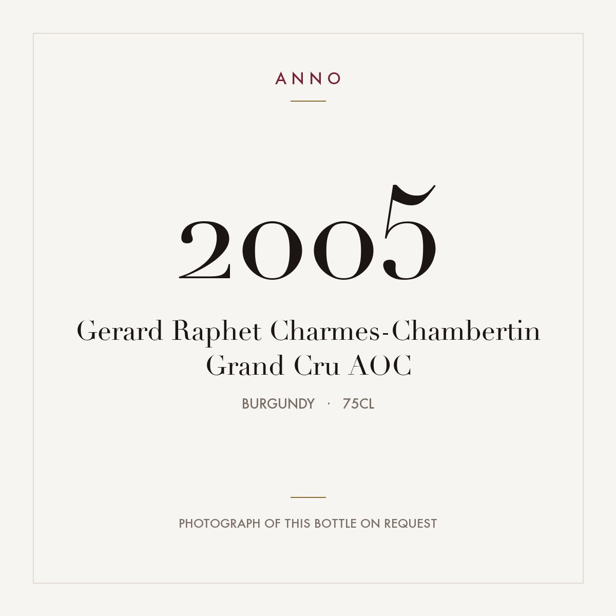Gerard Raphet Charmes-Chambertin Grand Cru 2005 AOC 0,75l from Burgundy — ANNO vintage card; photograph of the actual bottle available on request
