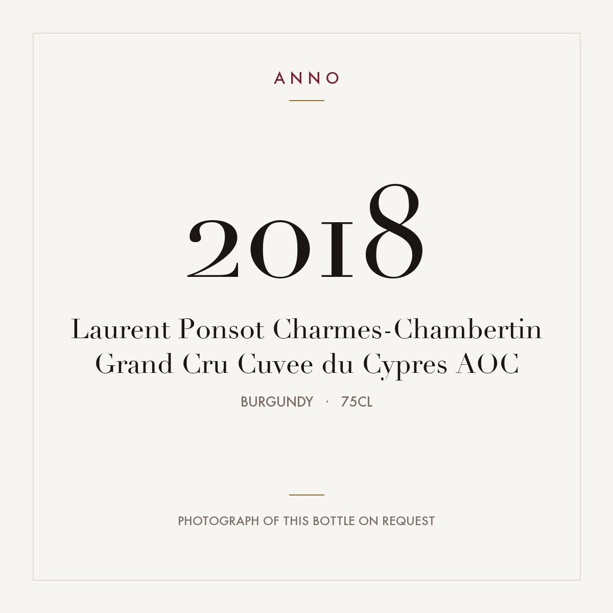Laurent Ponsot Charmes-Chambertin Grand Cru Cuvee du Cypres 2018 AOC 0,75l from Burgundy — ANNO vintage card; photograph of the actual bottle available on request