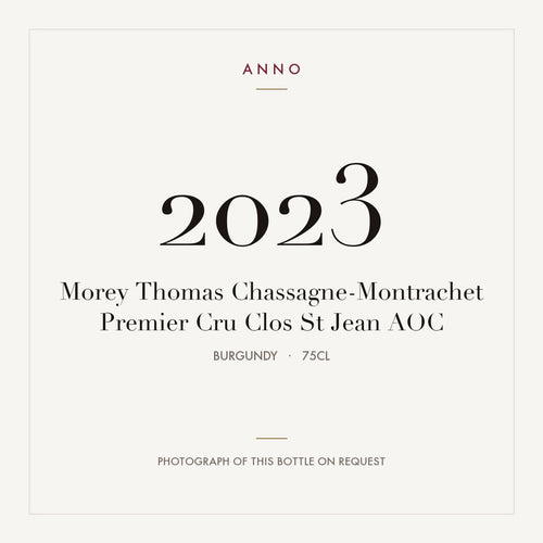 Morey Thomas Chassagne-Montrachet Premier Cru Clos St Jean 2023 AOC 0,75l from Burgundy — ANNO vintage card; photograph of the actual bottle available on request