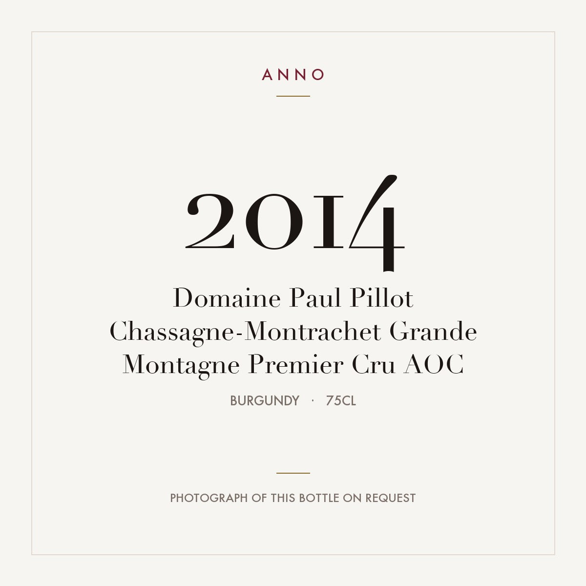 Domaine Paul Pillot Chassagne-Montrachet Premier Cru Grande Montagne 2014 AOC 0,75l — ANNO vintage card; photograph of the actual bottle available on request
