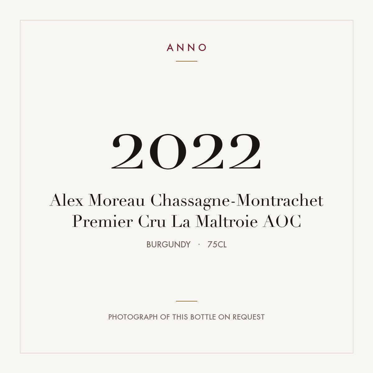 Alex Moreau Chassagne-Montrachet Premier Cru La Maltroie 2022 AOC 0,75l from Burgundy — ANNO vintage card; photograph of the actual bottle available on request