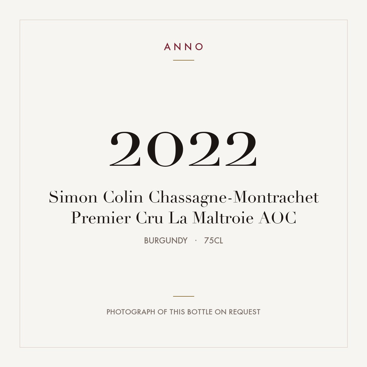 Simon Colin Chassagne-Montrachet Premier Cru La Maltroie 2022 AOC 0,75l from Burgundy — ANNO vintage card; photograph of the actual bottle available on request