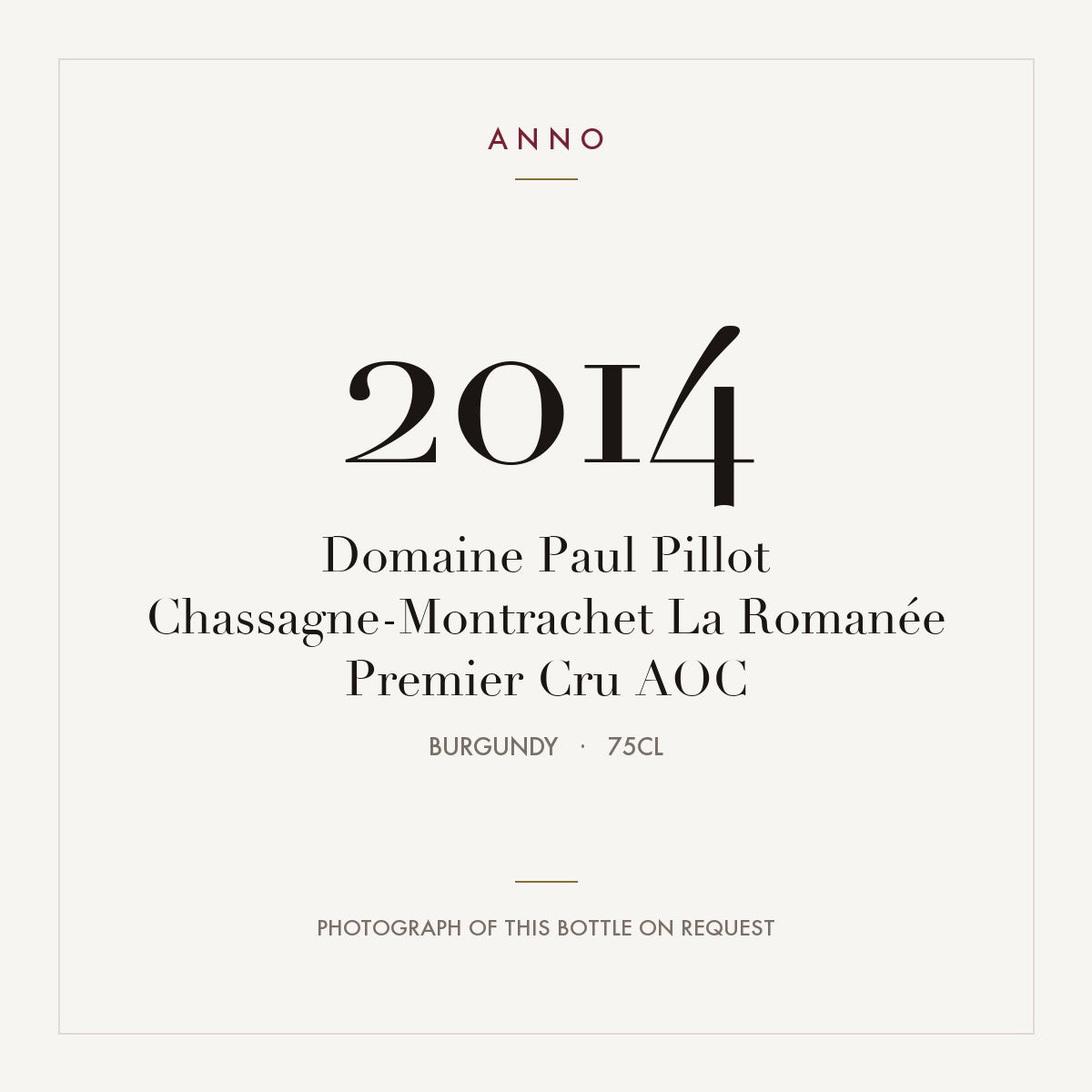Domaine Paul Pillot Chassagne-Montrachet Premier Cru La Romanee 2014 AOC 0,75l — ANNO vintage card; photograph of the actual bottle available on request