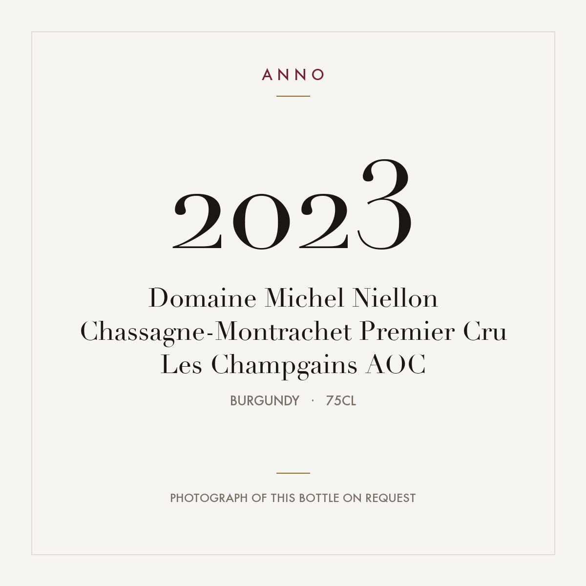 Domaine Michel Niellon Chassagne-Montrachet Premier Cru Les Champgains 2023 AOC 0,75l from Burgundy — ANNO vintage card; photograph of the actual bottle available on request