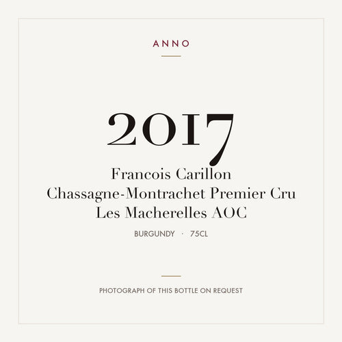 Francois Carillon Chassagne-Montrachet Premier Cru Les Macherelles 2017 AOC 0,75l from Burgundy — ANNO vintage card; photograph of the actual bottle available on request