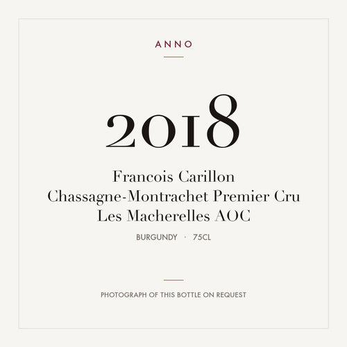 Francois Carillon Chassagne-Montrachet Premier Cru Les Macherelles 2018 AOC 0,75l from Burgundy — ANNO vintage card; photograph of the actual bottle available on request