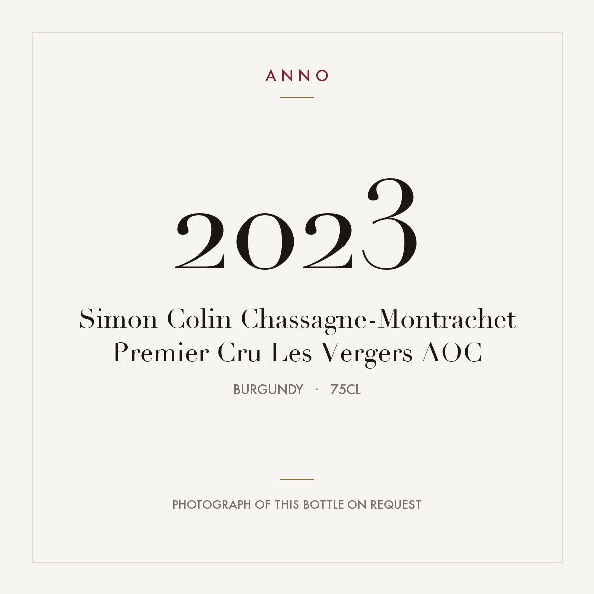 Simon Colin Chassagne-Montrachet Premier Cru Les Vergers 2023 AOC 0,75l from Burgundy — ANNO vintage card; photograph of the actual bottle available on request