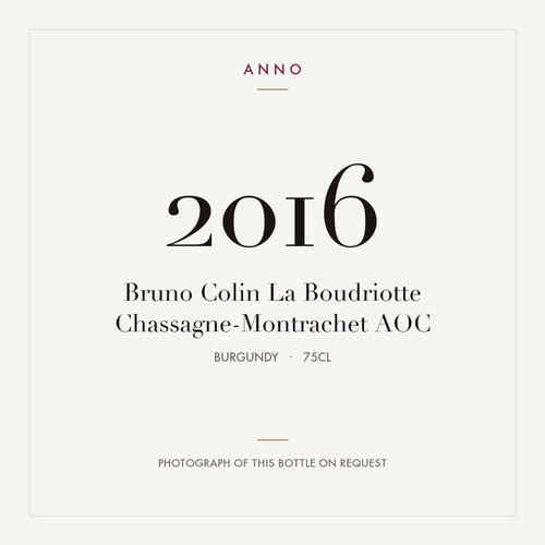 Bruno Colin La Boudriotte Chassagne-Montrachet 2016 AOC 0,75l from Burgundy — ANNO vintage card; photograph of the actual bottle available on request
