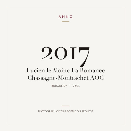 Lucien le Moine La Romanee Chassagne-Montrachet 2017 AOC 0,75l from Burgundy — ANNO vintage card; photograph of the actual bottle available on request