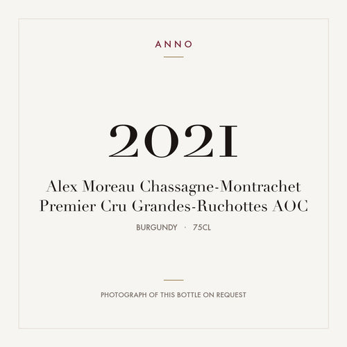 Alex Moreau Chassagne-Montrachet Premier Cru Grandes-Ruchottes 2021 AOC 0,75l from Burgundy — ANNO vintage card; photograph of the actual bottle available on request