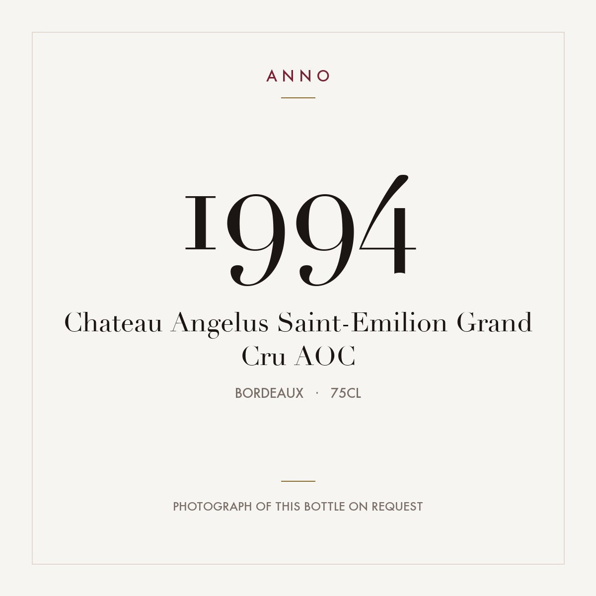 Chateau Angelus Saint-Emilion Grand Cru 1994 AOC 0,75l, Burdeos — tarjeta de añada ANNO; foto de la botella real disponible bajo petición