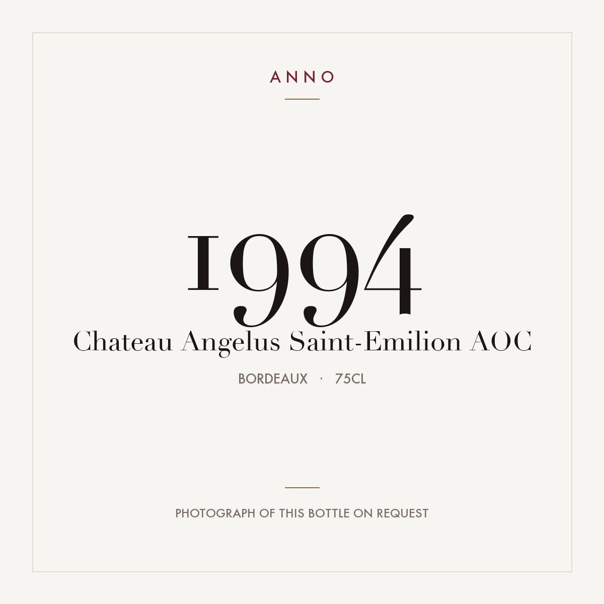 Chateau Angelus Saint-Emilion 1994 AOC 0,75l from Bordeaux — ANNO vintage card; photograph of the actual bottle available on request
