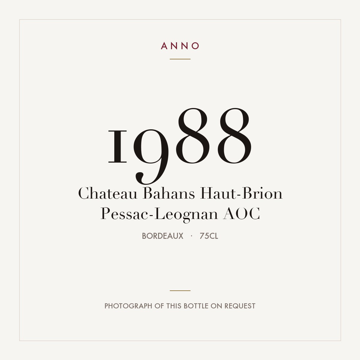 Chateau Bahans Haut-Brion Pessac-Leognan 1988 AOC 0,75l from Bordeaux — ANNO vintage card; photograph of the actual bottle available on request