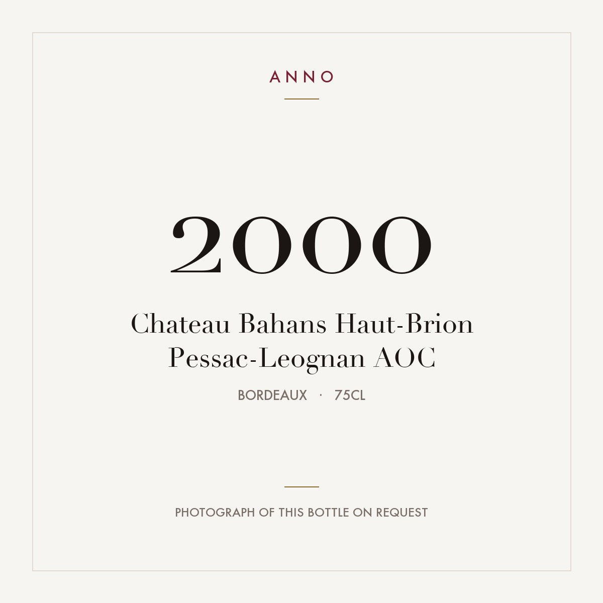 Chateau Bahans Haut-Brion Pessac-Leognan 2000 AOC 0,75l from Bordeaux — ANNO vintage card; photograph of the actual bottle available on request