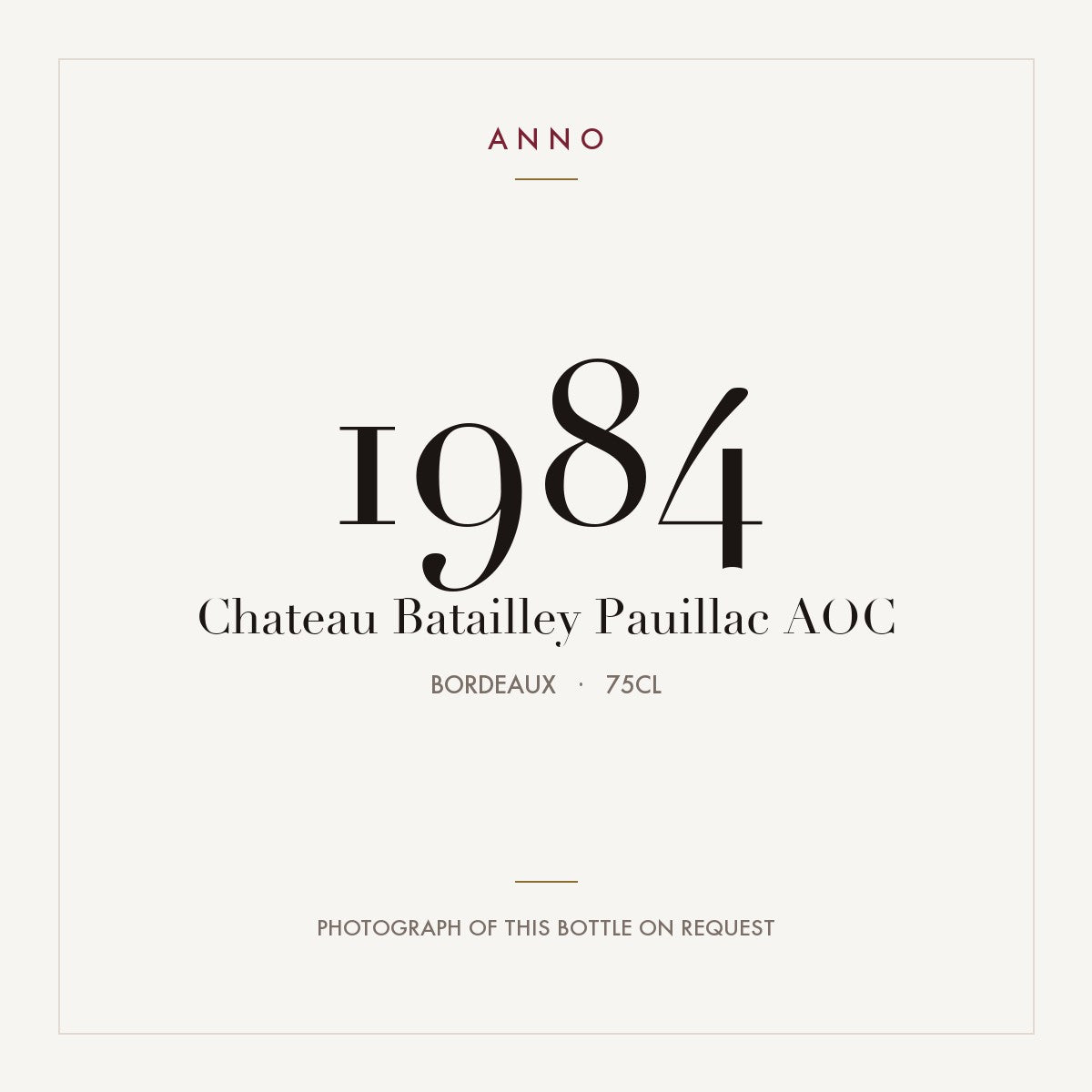 Chateau Batailley Pauillac 1984 AOC 0,75l from Bordeaux — ANNO vintage card; photograph of the actual bottle available on request