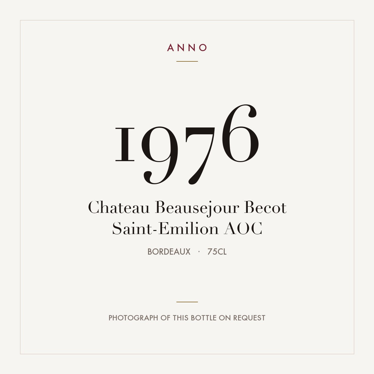 Chateau Beausejour Becot Saint-Emilion 1976 AOC 0,75l, ボルドー — ANNOヴィンテージカード。実際のボトルの写真はご要望に応じてご用意します