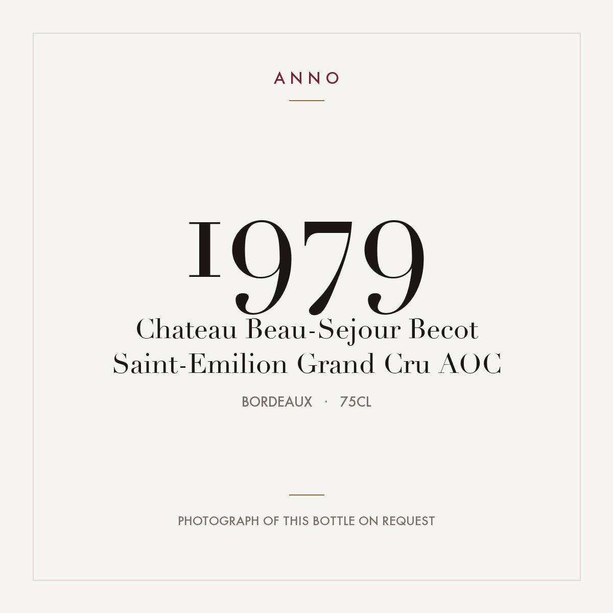 Chateau Beau-Sejour Becot Saint-Emilion Grand Cru 1979 AOC 0,75l from Bordeaux — ANNO vintage card; photograph of the actual bottle available on request