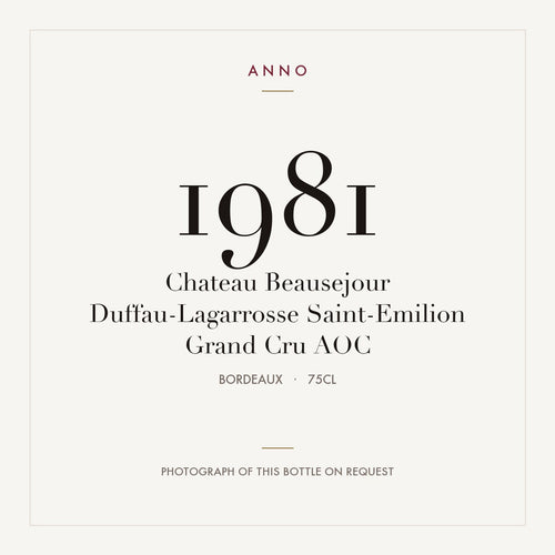 Chateau Beausejour Duffau-Lagarrosse Saint-Emilion Grand Cru 1981 AOC 0,75l from Bordeaux — ANNO vintage card; photograph of the actual bottle available on request