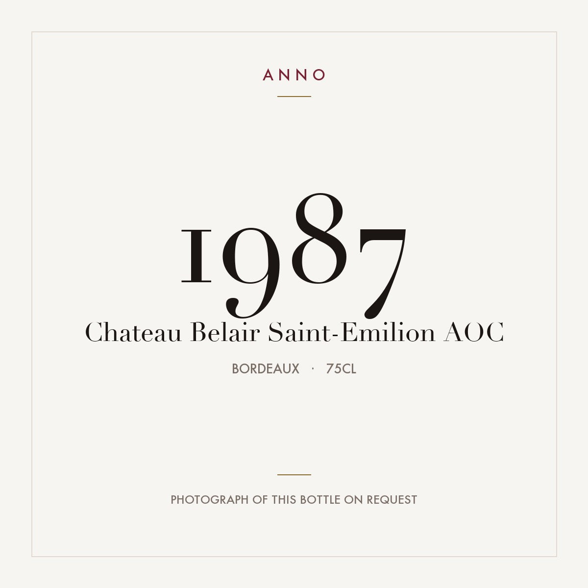 Chateau Belair Saint-Emilion 1987 AOC 0,75l from Bordeaux — ANNO vintage card; photograph of the actual bottle available on request