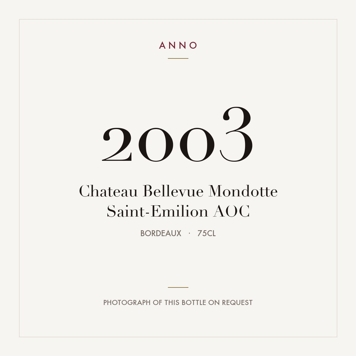 Chateau Bellevue Mondotte Saint-Emilion 2003 AOC 0,75l from Bordeaux — ANNO vintage card; photograph of the actual bottle available on request