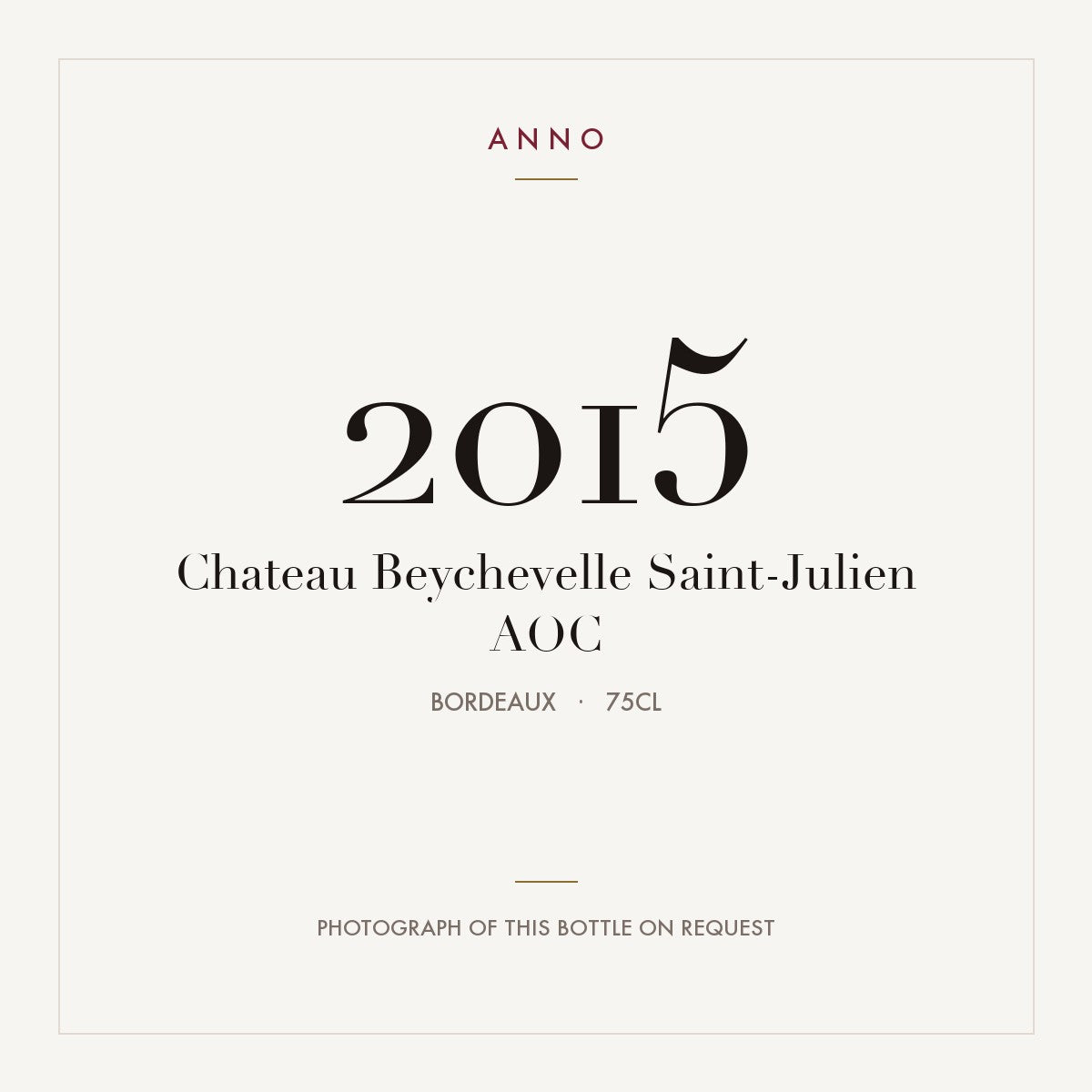 Chateau Beychevelle Saint-Julien 2015 AOC 0,75l, Bordeaux — carte millésime ANNO ; photo de la bouteille réelle disponible sur demande