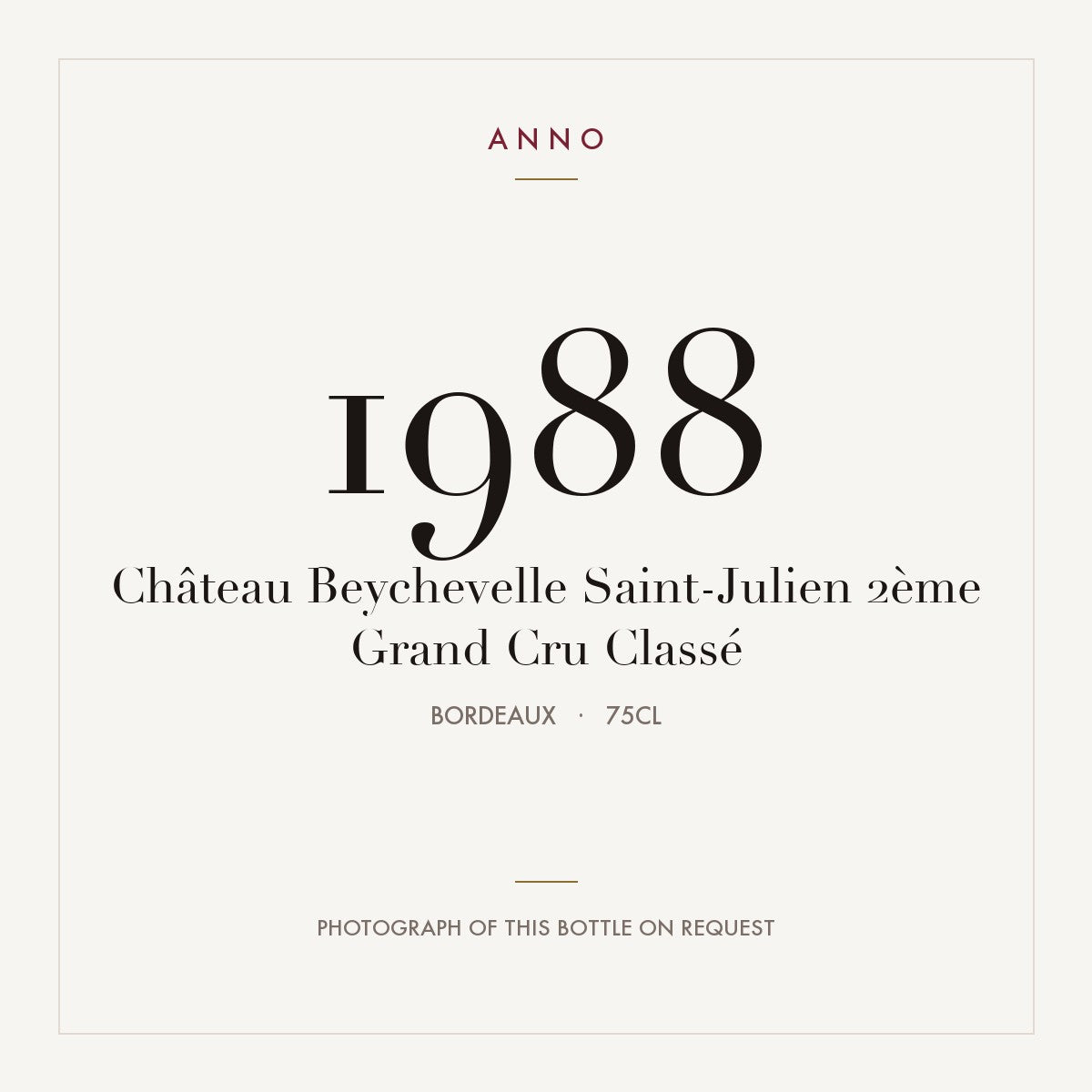 Chateau Beychevelle Saint-Julien 1988 AOC 0,75l — ANNO vintage card; photograph of the actual bottle available on request