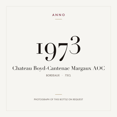 Chateau Boyd-Cantenac Margaux 1973 AOC 0,75l, Burdeos — tarjeta de añada ANNO; foto de la botella real disponible bajo petición
