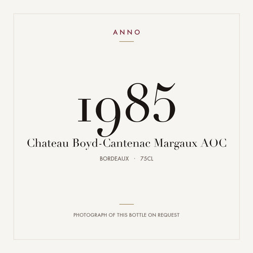 Chateau Boyd-Cantenac Margaux 1985 AOC 0,75l from Bordeaux — ANNO vintage card; photograph of the actual bottle available on request