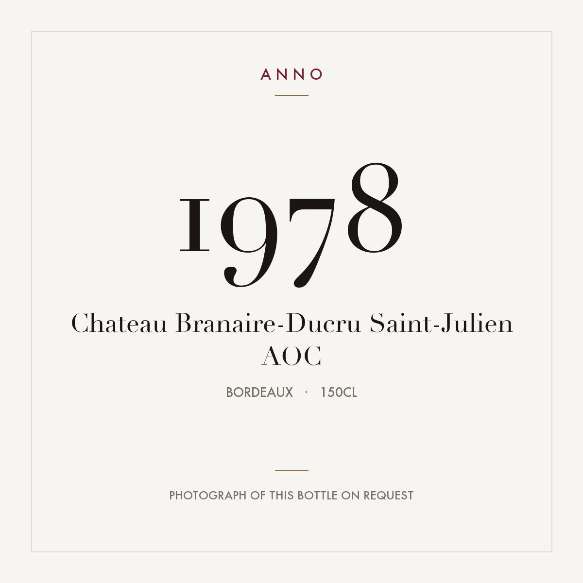 Chateau Branaire-Ducru Saint-Julien 1978 AOC 1,5l, Burdeos — tarjeta de añada ANNO; foto de la botella real disponible bajo petición