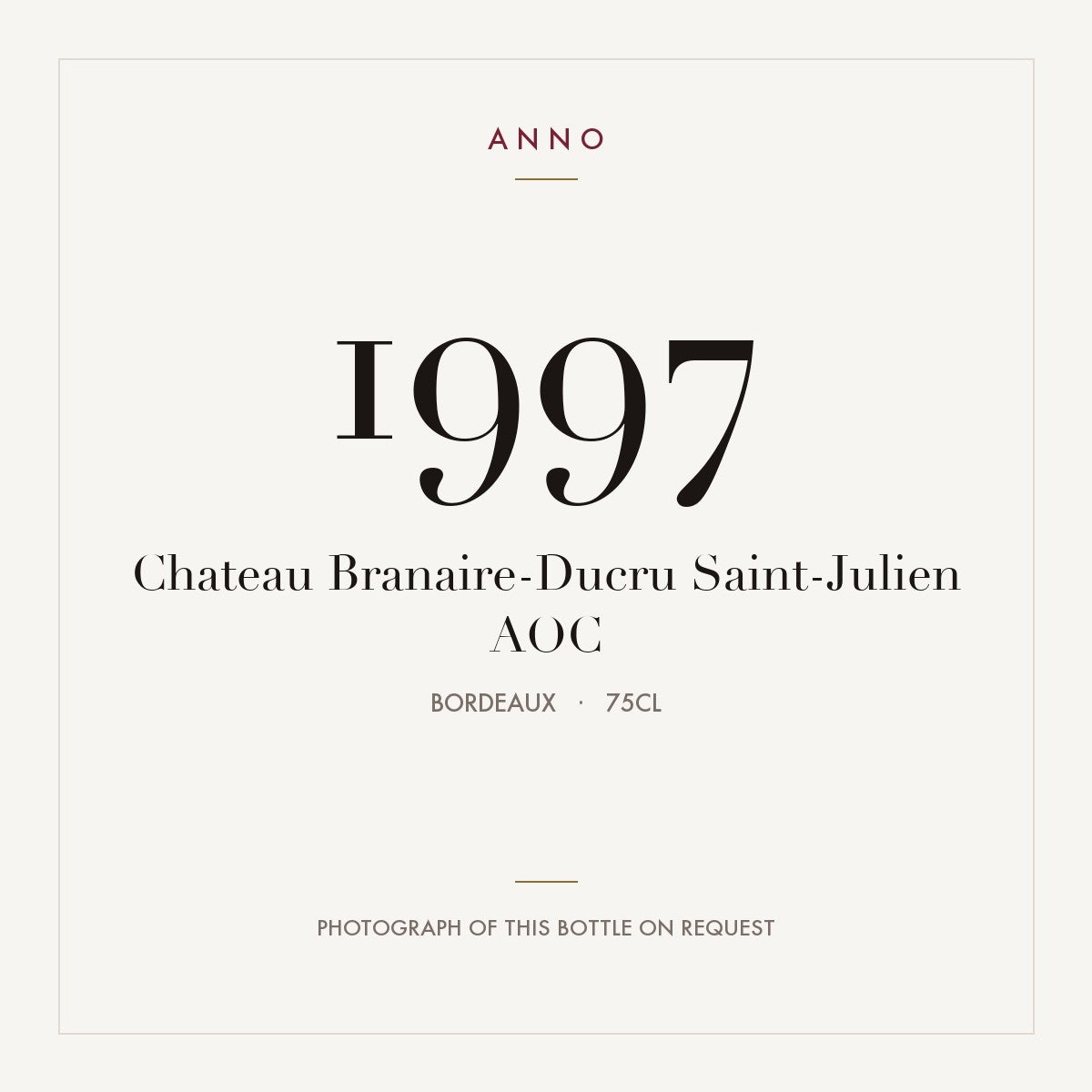 Chateau Branaire-Ducru Saint-Julien 1997 AOC 0,75l, Bordéus — cartão de colheita ANNO; fotografia da garrafa real disponível a pedido
