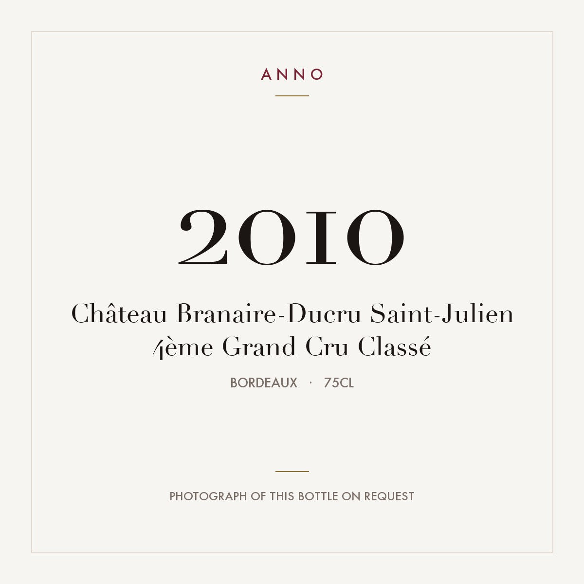 Chateau Branaire-Ducru Saint-Julien 2010 AOC 0,75l — ANNO vintage card; photograph of the actual bottle available on request
