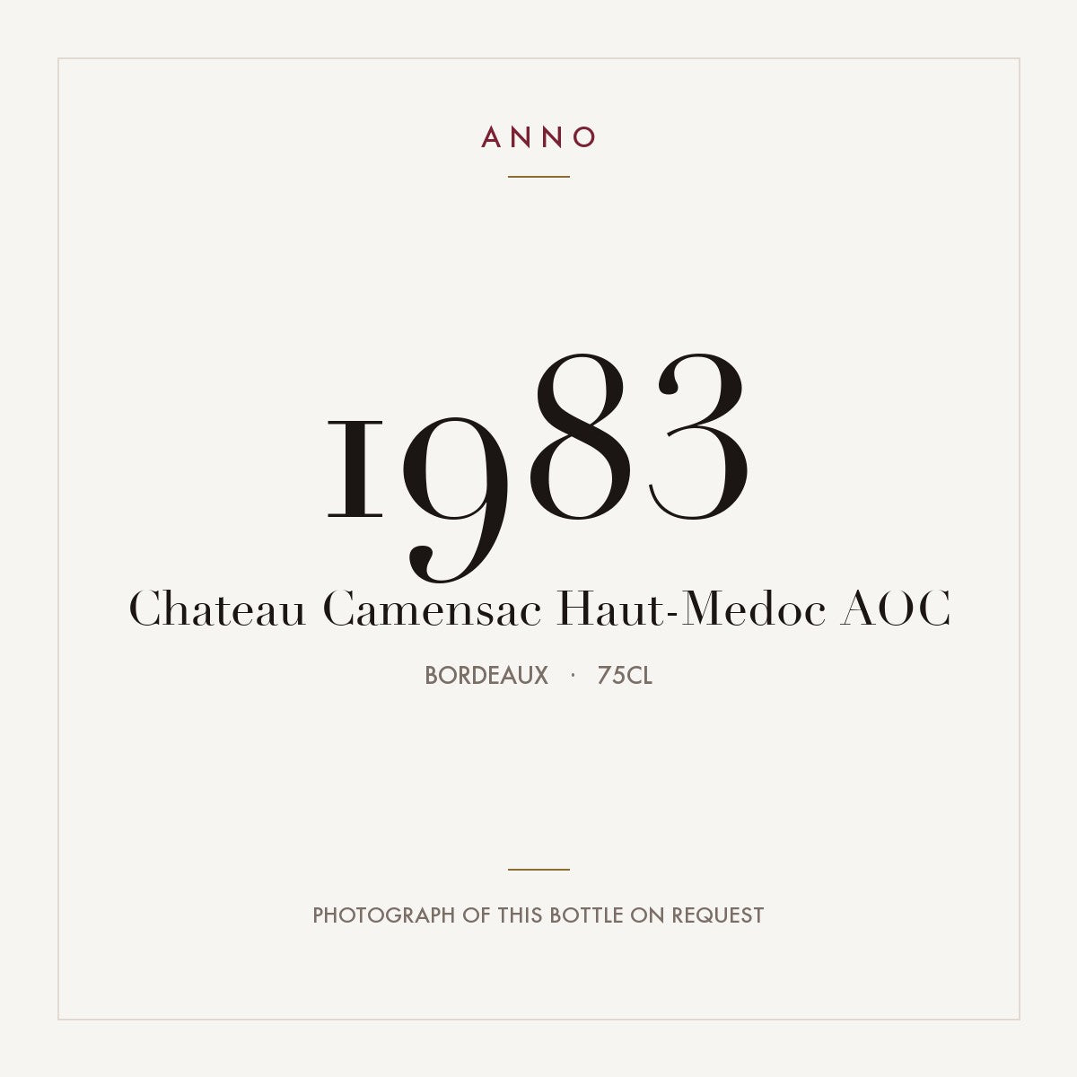 Chateau Camensac Haut-Medoc 1983 AOC 0,75l from Bordeaux — ANNO vintage card; photograph of the actual bottle available on request