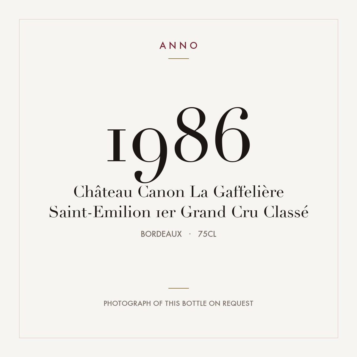 Chateau Canon La Gaffeliere Saint-Emilion 1986 AOC 0,75l — ANNO vintage card; photograph of the actual bottle available on request