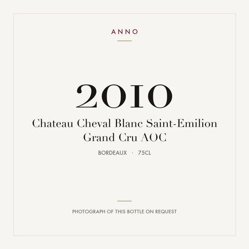 Chateau Cheval Blanc Saint-Emilion Grand Cru 2010 AOC 0,75l, Bordeaux — card dell'annata ANNO; foto della bottiglia reale disponibile su richiesta