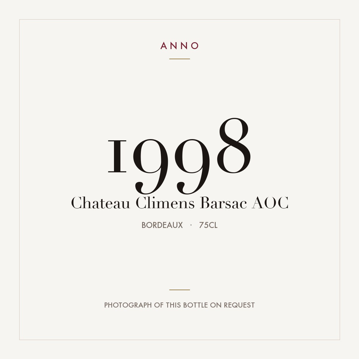 Chateau Climens Barsac 1998 AOC 0,75l from Bordeaux — ANNO vintage card; photograph of the actual bottle available on request