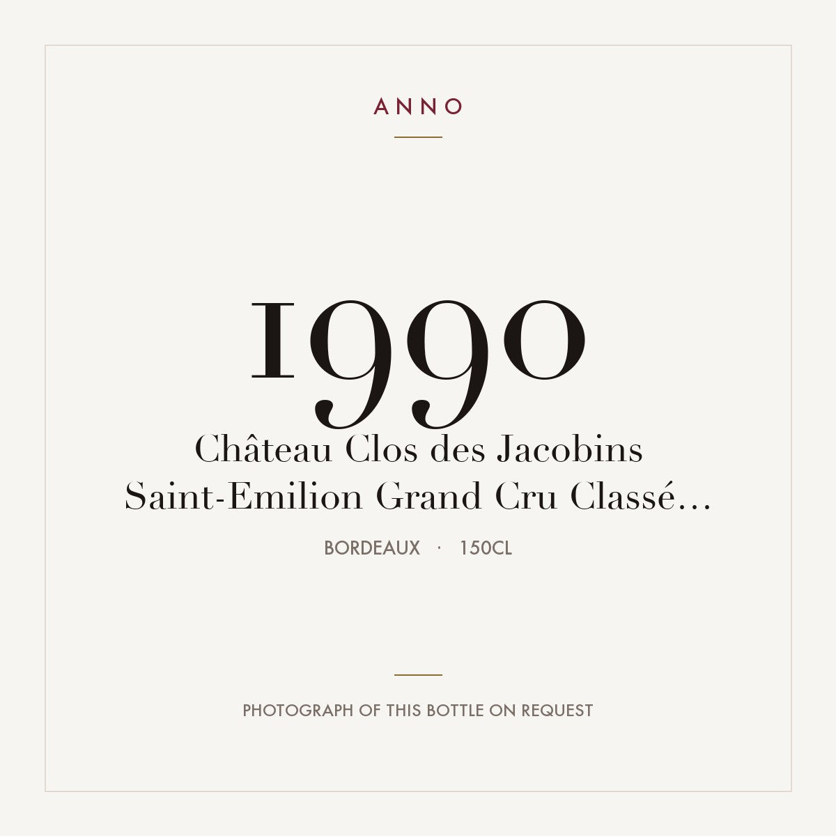 Chateau Clos des Jacobins Saint-Emilion Grand Cru 1990 AOC 1,5l — ANNO vintage card; photograph of the actual bottle available on request