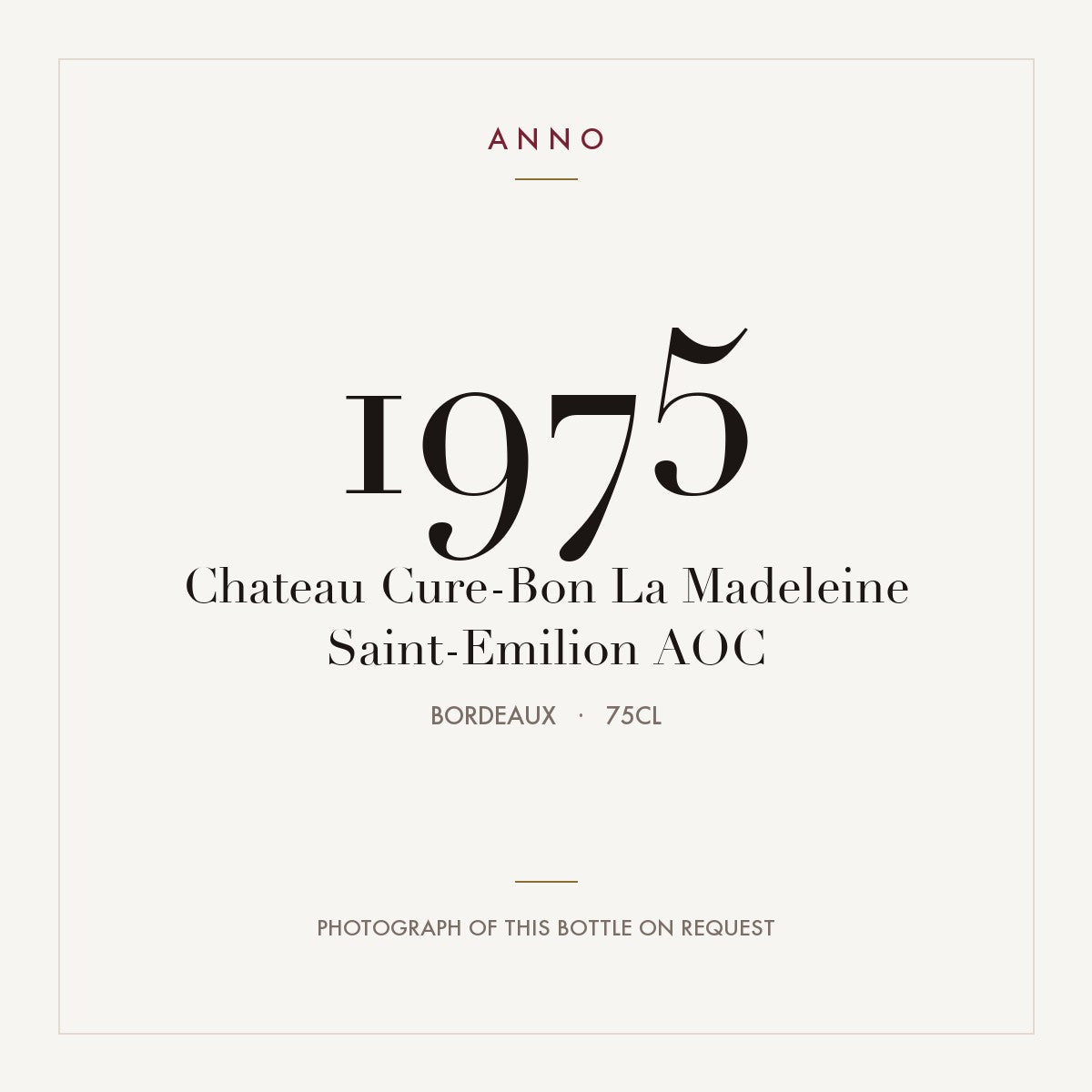 Chateau Cure-Bon La Madeleine Saint-Emilion 1975 AOC 0,75l from Bordeaux — ANNO vintage card; photograph of the actual bottle available on request