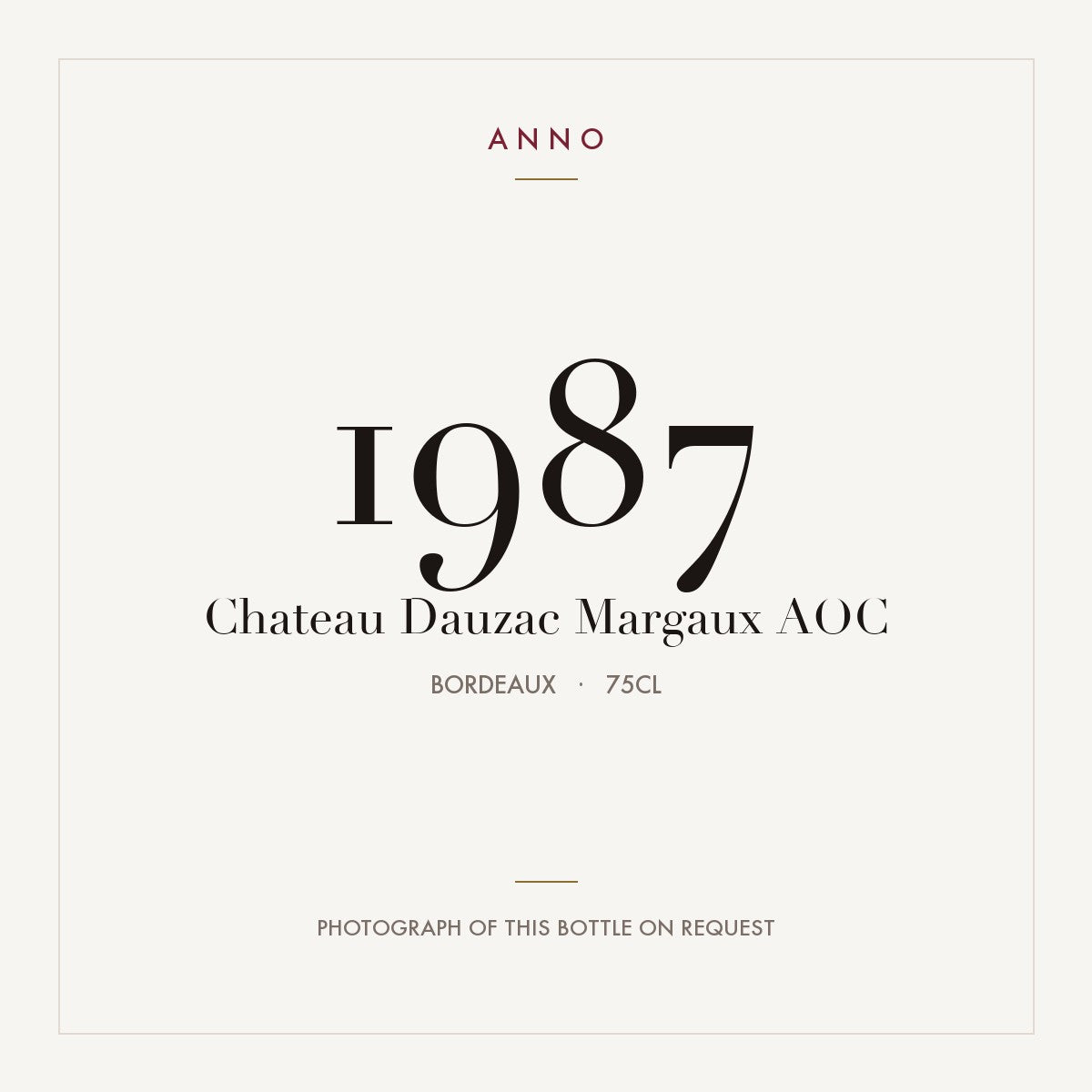 Chateau Dauzac Margaux 1987 AOC 0,75l from Bordeaux — ANNO vintage card; photograph of the actual bottle available on request