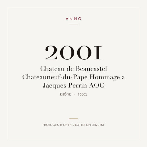 Chateau de Beaucastel Chateauneuf-du-Pape Hommage a Jacques Perrin 2001 AOC 1,5l from Rhône — ANNO vintage card; photograph of the actual bottle available on request