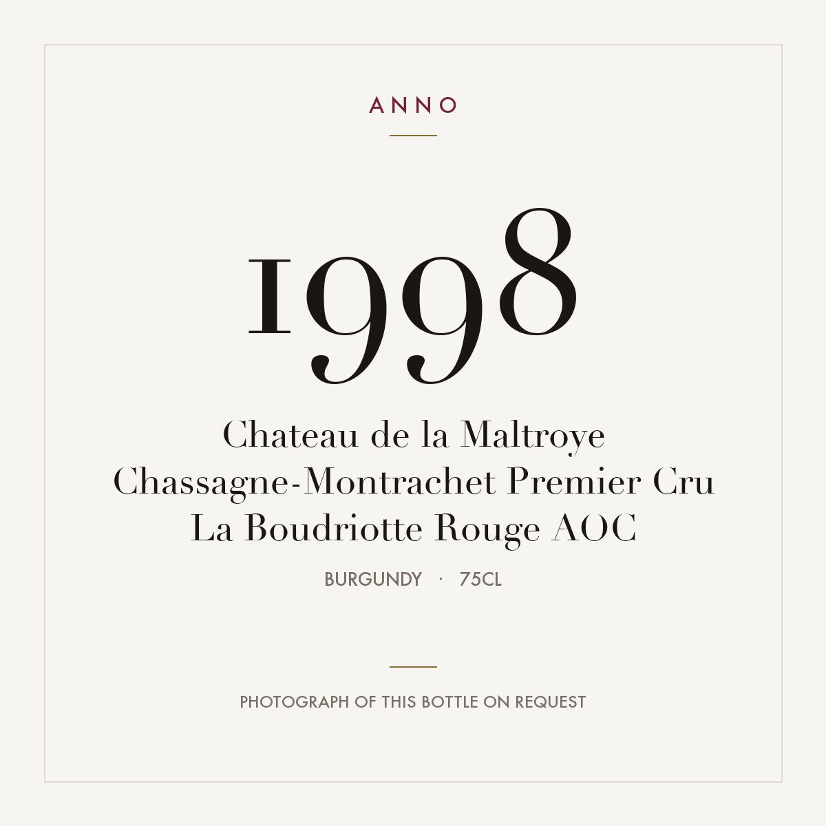 Chateau de la Maltroye Chassagne-Montrachet Premier Cru La Boudriotte Rouge 1998 AOC 0,75l, Бургундия — карточка урожая ANNO; фото настоящей бутылки по запросу