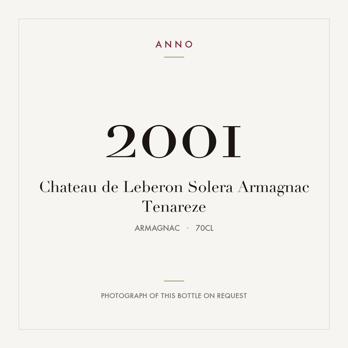 Chateau de Leberon Solera Armagnac Tenareze 2001 0,7l from Armagnac — ANNO vintage card; photograph of the actual bottle available on request