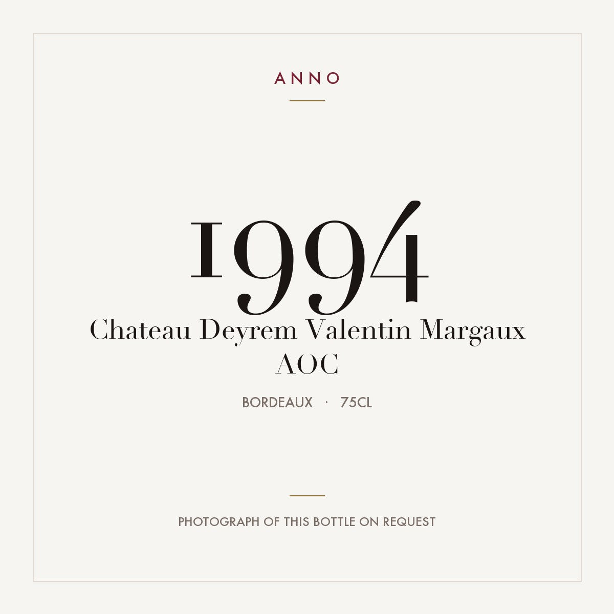 Chateau Deyrem Valentin Margaux 1994 AOC 0,75l from Bordeaux — ANNO vintage card; photograph of the actual bottle available on request