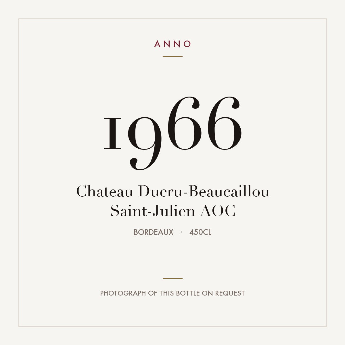 Chateau Ducru-Beaucaillou Saint-Julien 1966 AOC 4,5l, ボルドー — ANNOヴィンテージカード。実際のボトルの写真はご要望に応じてご用意します