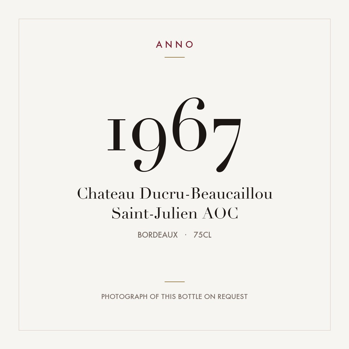 Chateau Ducru-Beaucaillou Saint-Julien 1967 AOC 0,75l, Burdeos — tarjeta de añada ANNO; foto de la botella real disponible bajo petición
