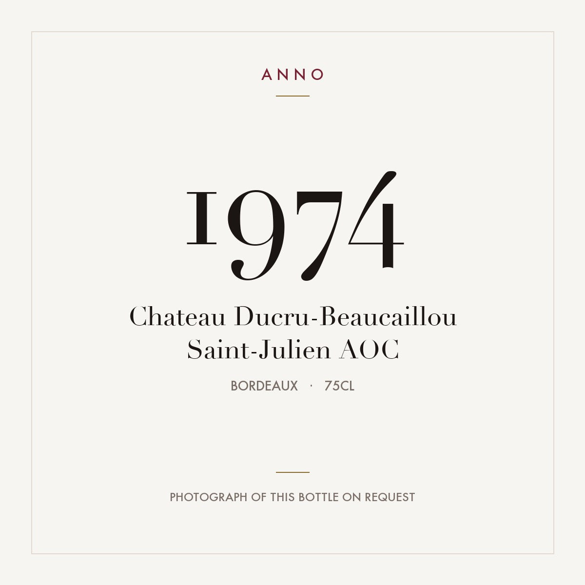 Chateau Ducru-Beaucaillou Saint-Julien 1974 AOC 0,75l from Bordeaux — ANNO vintage card; photograph of the actual bottle available on request