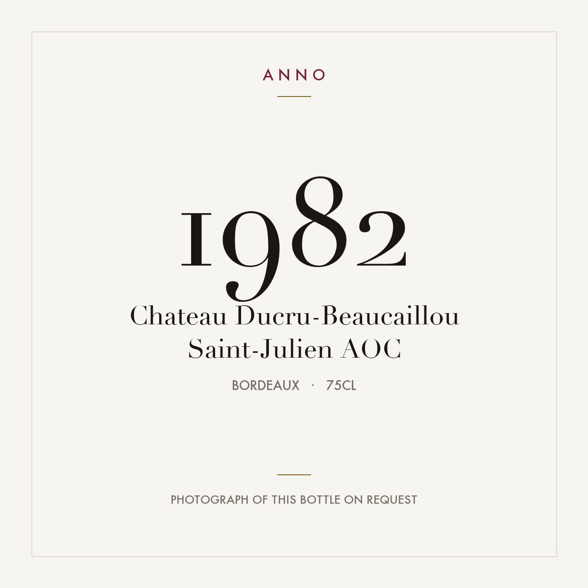 Chateau Ducru-Beaucaillou Saint-Julien 1982 AOC 0,75l from Bordeaux — ANNO vintage card; photograph of the actual bottle available on request