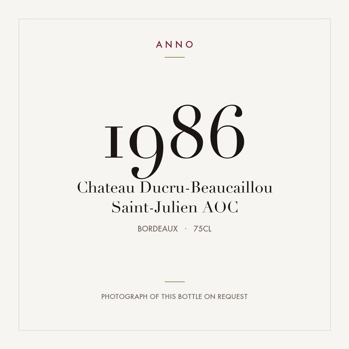Chateau Ducru-Beaucaillou Saint-Julien 1986 AOC 0,75l from Bordeaux — ANNO vintage card; photograph of the actual bottle available on request