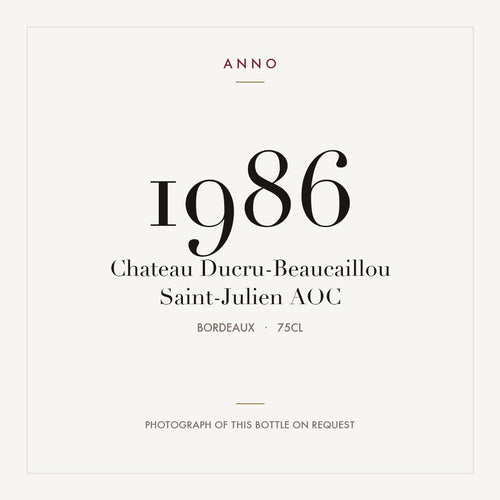 Chateau Ducru-Beaucaillou Saint-Julien 1986 AOC 0,75l from Bordeaux — ANNO vintage card; photograph of the actual bottle available on request